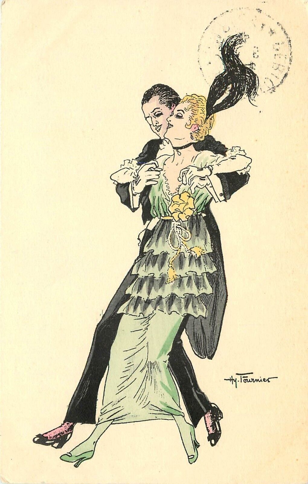 c1907 Hand-Colored Postcard 77 A/S Fournier Couple Evening Dress Dancing France