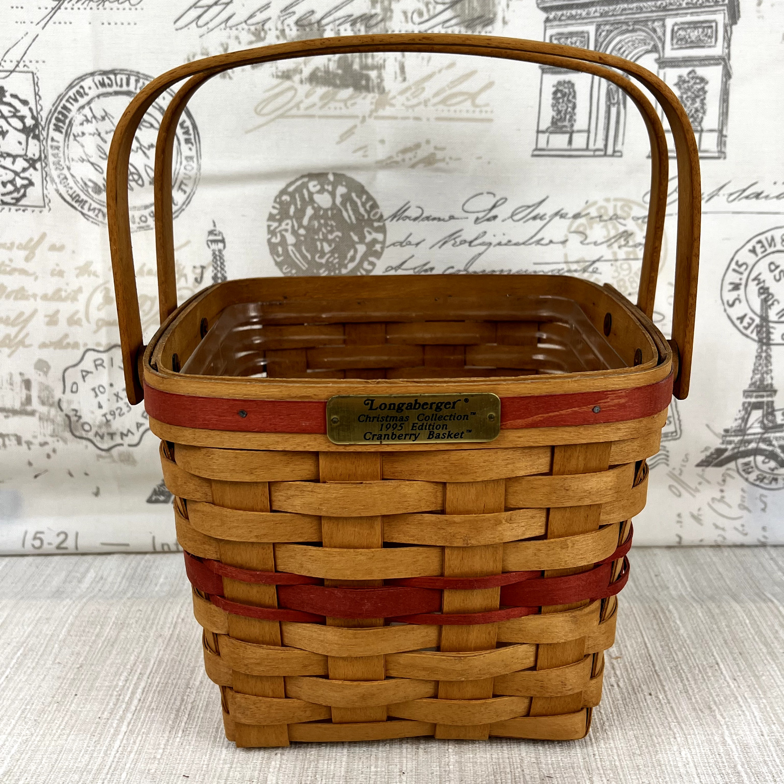 Longaberger 1995 Red Cranberry Basket with Plastic Protector 8.5 x 8.5 x 7