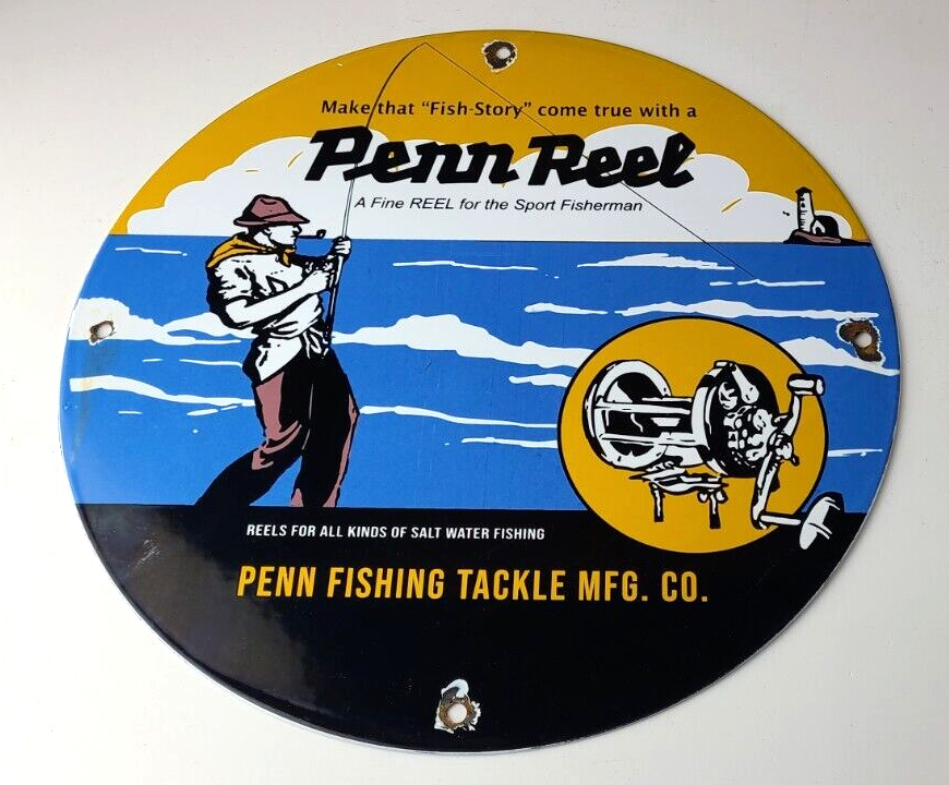 Vintage Penn Saltwater Reels Sign - Fishing Lures Gas Oil Service Porcelain Sign