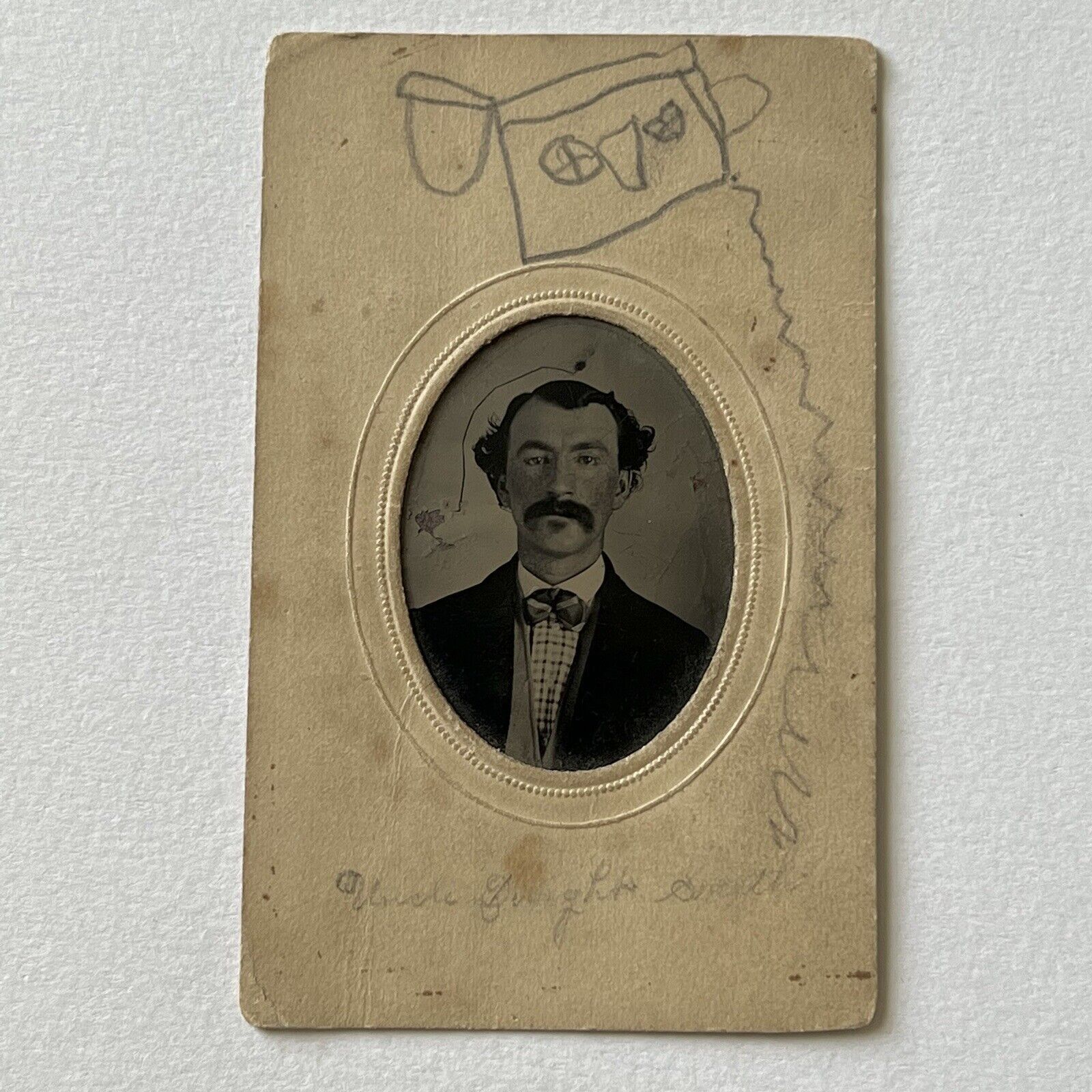 Antique Tintype Photograph Charming Man ID Uncle Dwight Smith Folk Art Drawing