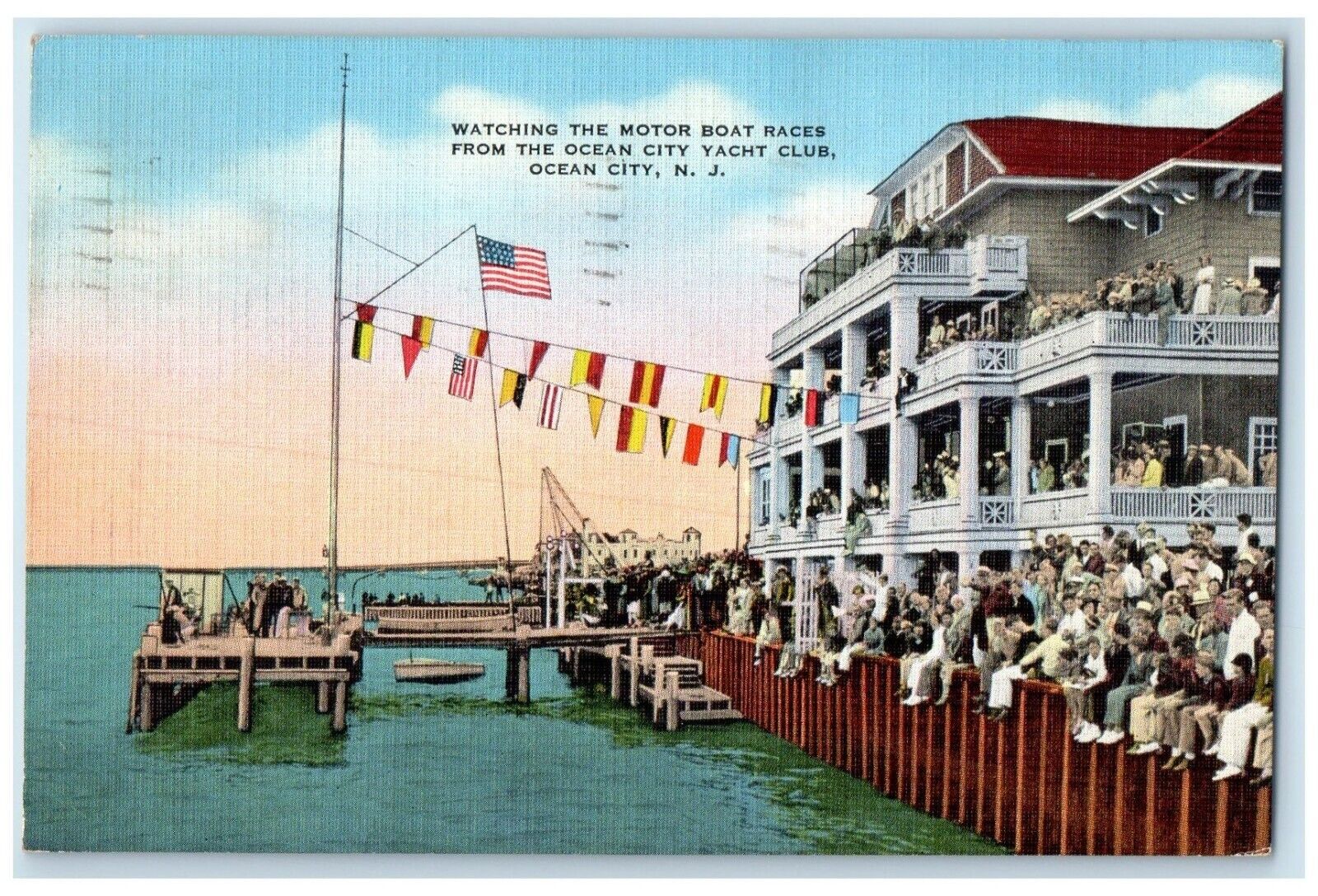1941 Watching Motor Boat Races Ocean City Yacht Club New Jersey Vintage Postcard