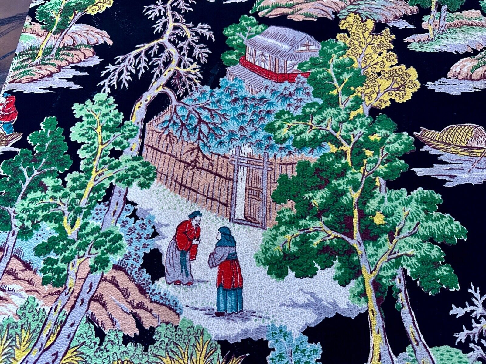 40\'s Orient Chinoiserie Manchu Gardens Salesman Sample Barkcloth Vintage Fabric