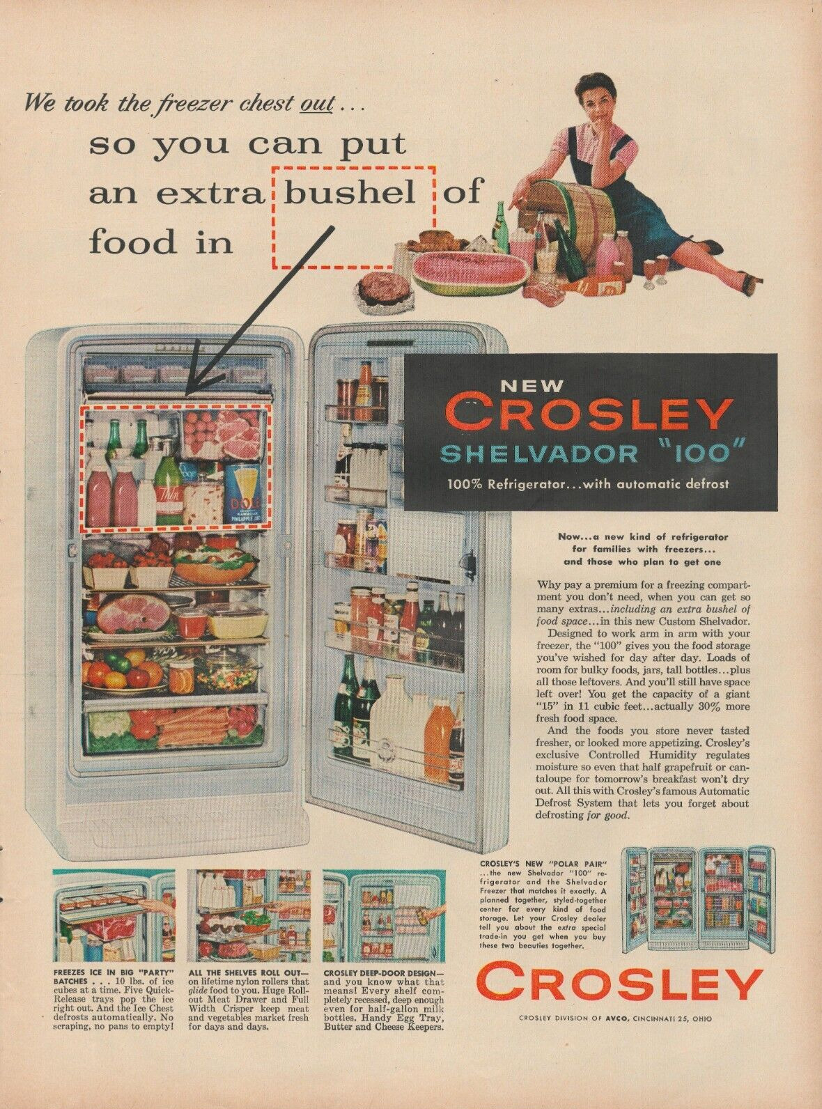1955 Crosley Shelvador 100 Refrigerator You Can Put Extra Bushel Food Print Ad