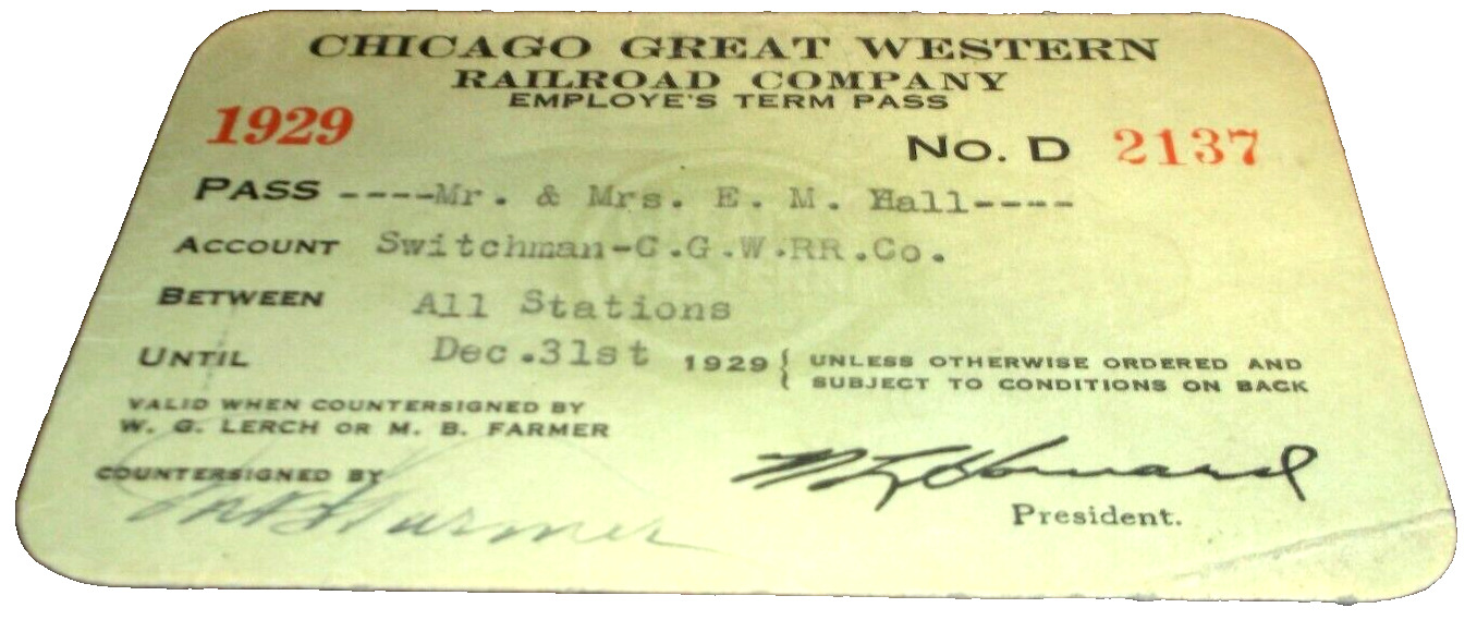 1929 CHICAGO GREAT WESTERN RAILWAY CGW EMPLOYEE PASS #2137