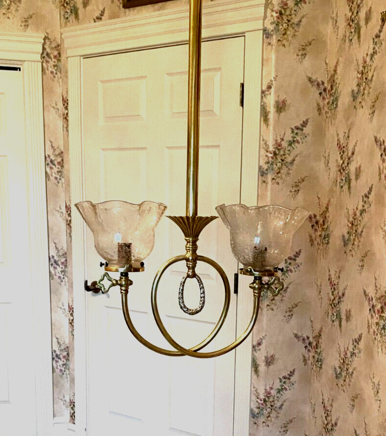 ANTIQUE TWO-ARMED BRASS HANGING LAMP/ LIGHT/ CHANDELIER w/CLEAR ETCHED SHADES