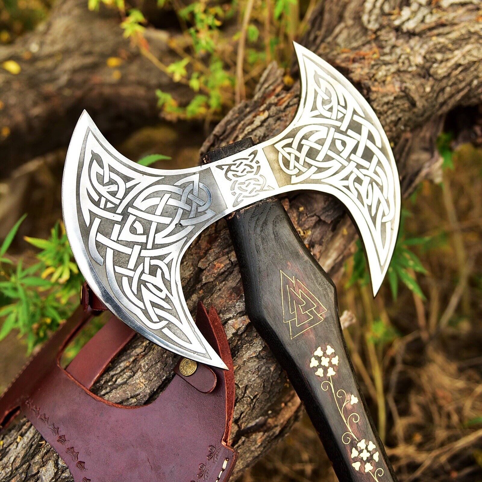 27” Handmade Medieval Warrior Double Headed Battle Axe With Leather Sheath