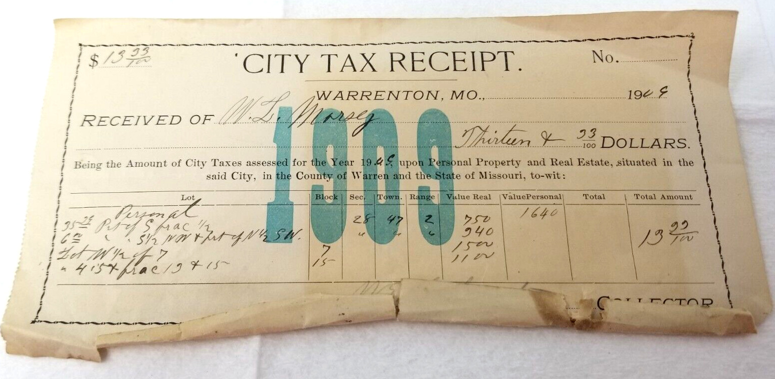 1909 Tax Personal Property Bill Receipt Warrenton Missouri Collector\'s Office