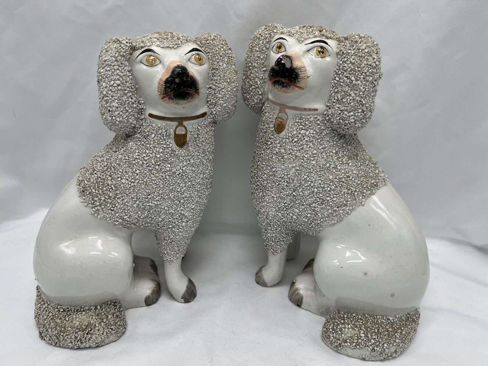 Pair Antique English Staffordshire Ceramic Confetti Poodle Dog Statues Figurine