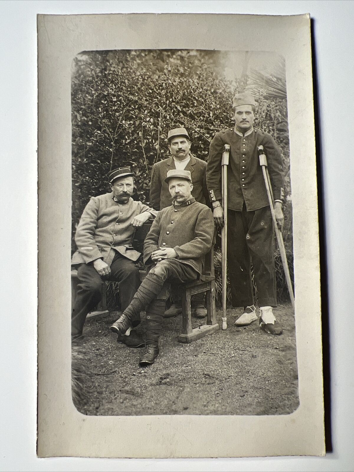 c. 1910 Four Men in UNIFORM 1 on CRUTCHES RPPC Real Photo Postcard Railroad 17