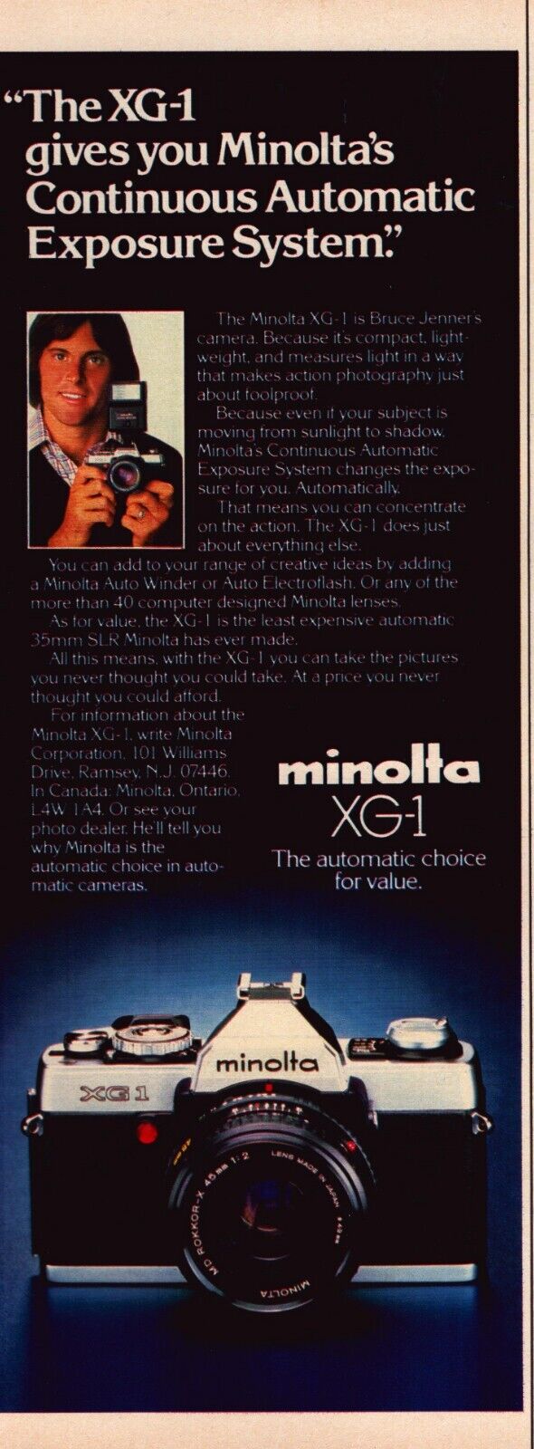 1979 Minolta Camera XG1 Print Ad Bruce Jenner Auto Exposure System