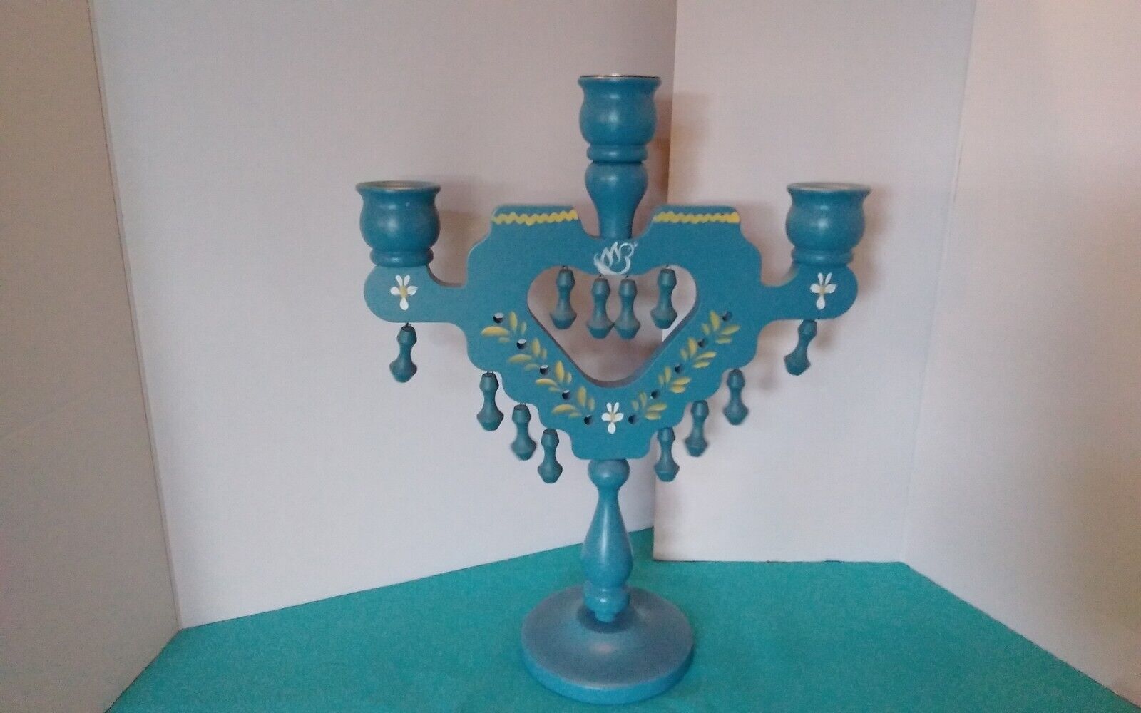 Vintage Sweden BLUE Candelabra 3 Candle Candlestick Holder Swedish Wood Folk Art