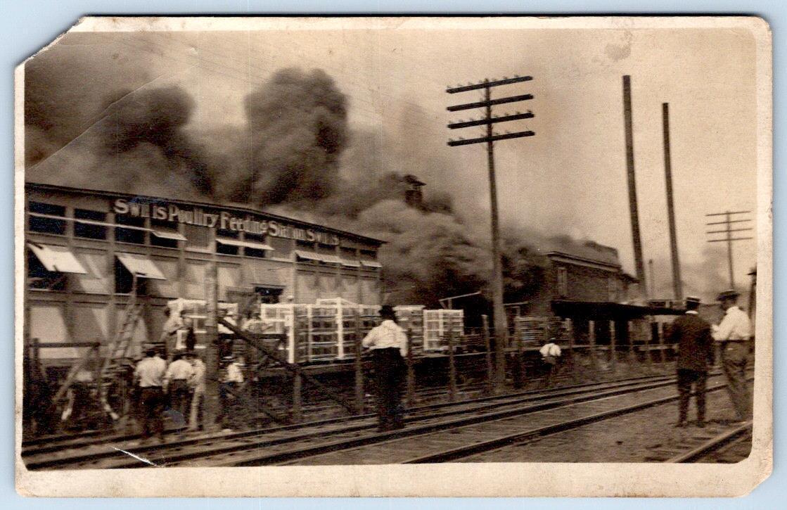 1913 RPPC SWIFT\'S POULTRY FEEDING STATION FIRE CRESTON IOWA DISASTER POSTCARD