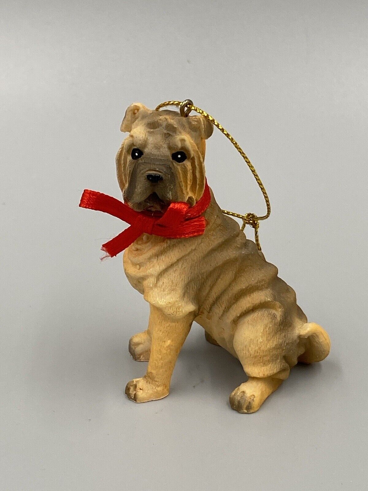 Sharpei Shar-Pei Dog Figurine Puppy W/ Red Bow Christmas Ornament 3”