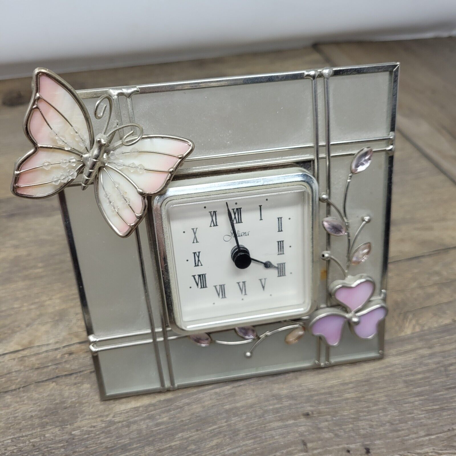 Juliana Collection Mantel Clock Glass Chrome Butterfly & Flowers, Rare model