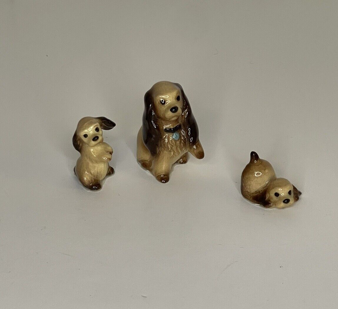 Vintage Hagen Renaker Miniature Cocker Spaniel Mama Two Puppies Ceramic Figurine
