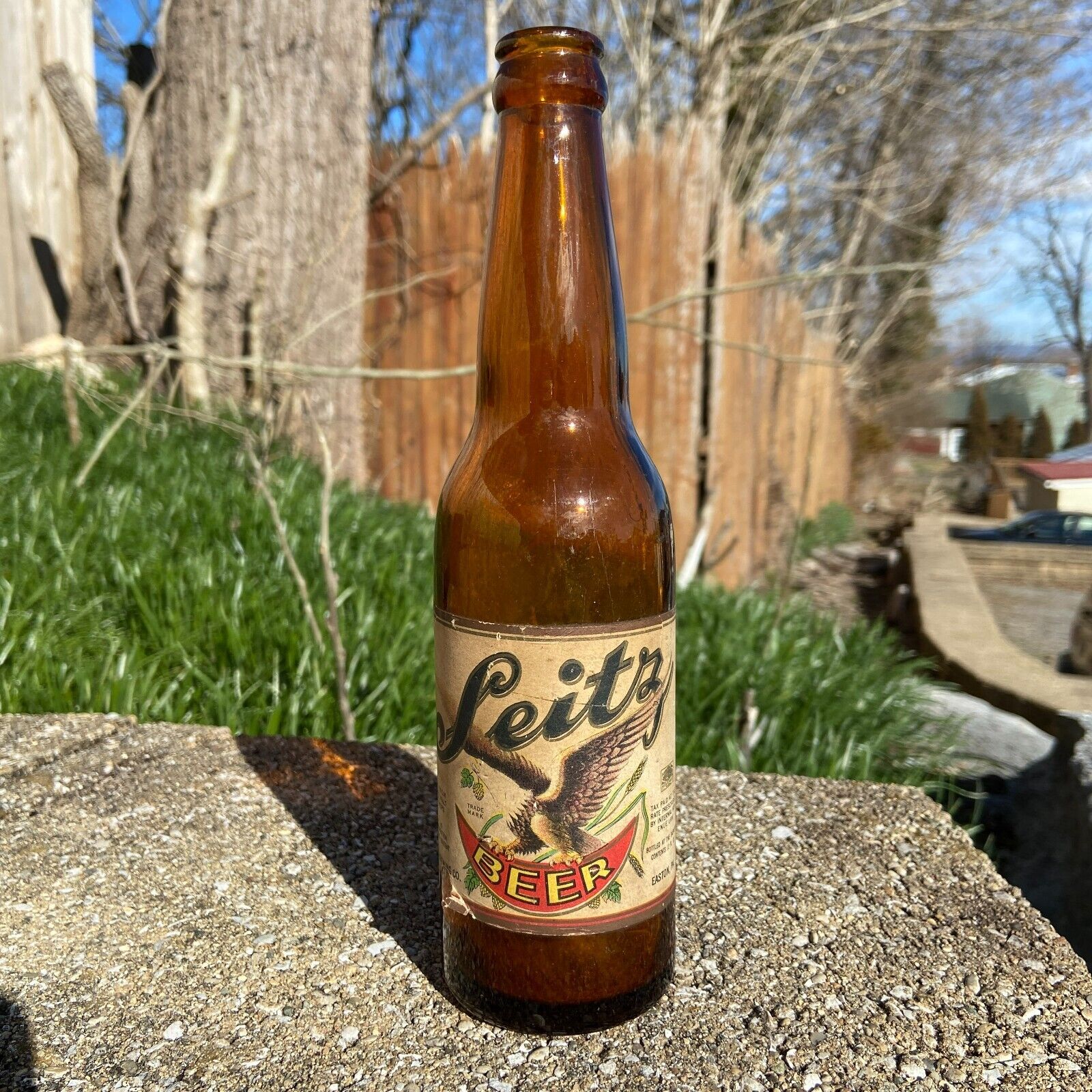 Antique SEITZ Easton PA Amber ABM Crown Top Beer Bottle w/ Eagle pictorial label