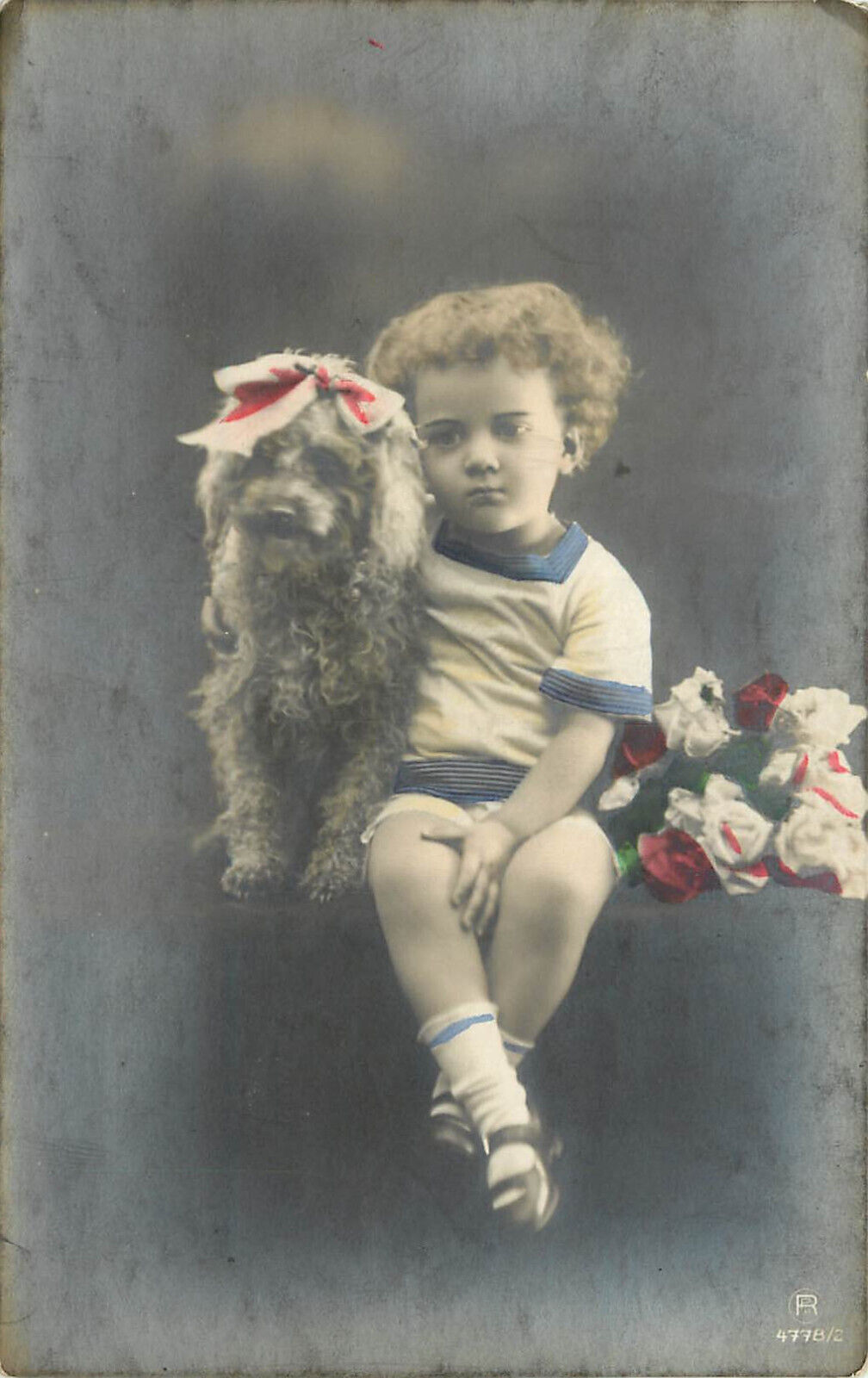 Hand Colored RPPC Little Boy and Terrier Dog With Bow and Roses 4778/2