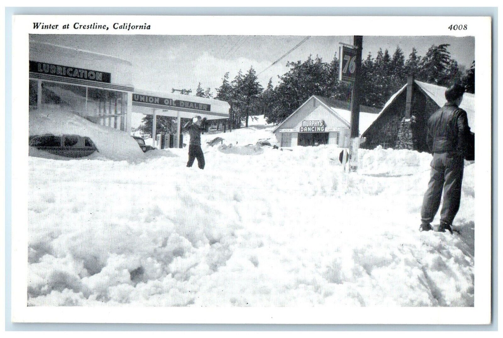 Winter At Crestline California CA, Union Oil Dealer Murphy\'s Dancing Postcard