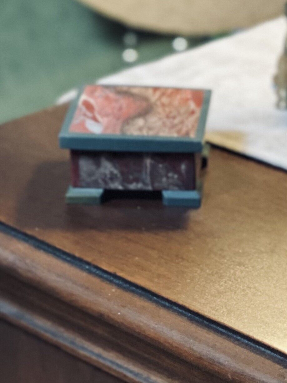 Rare Vintage Art Deco Red Marble Veined Square Trinket Jewelry Box. Handmade.
