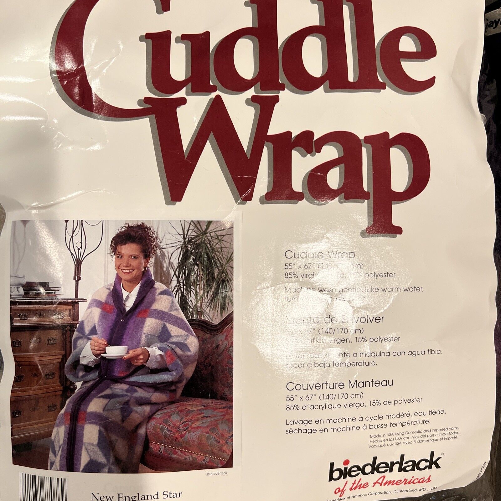 NOS  Biederlack  Vintage Cuddle Wrap 55”x67” Blanket Zipper New England Star