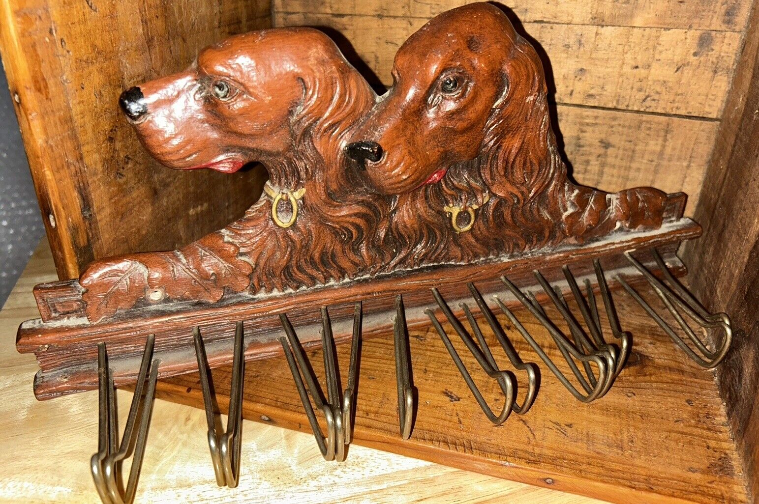 1940s Antique Syroco 2 Irish Setters 16 Tie Rack. Wall Hanging. 14” x 6”