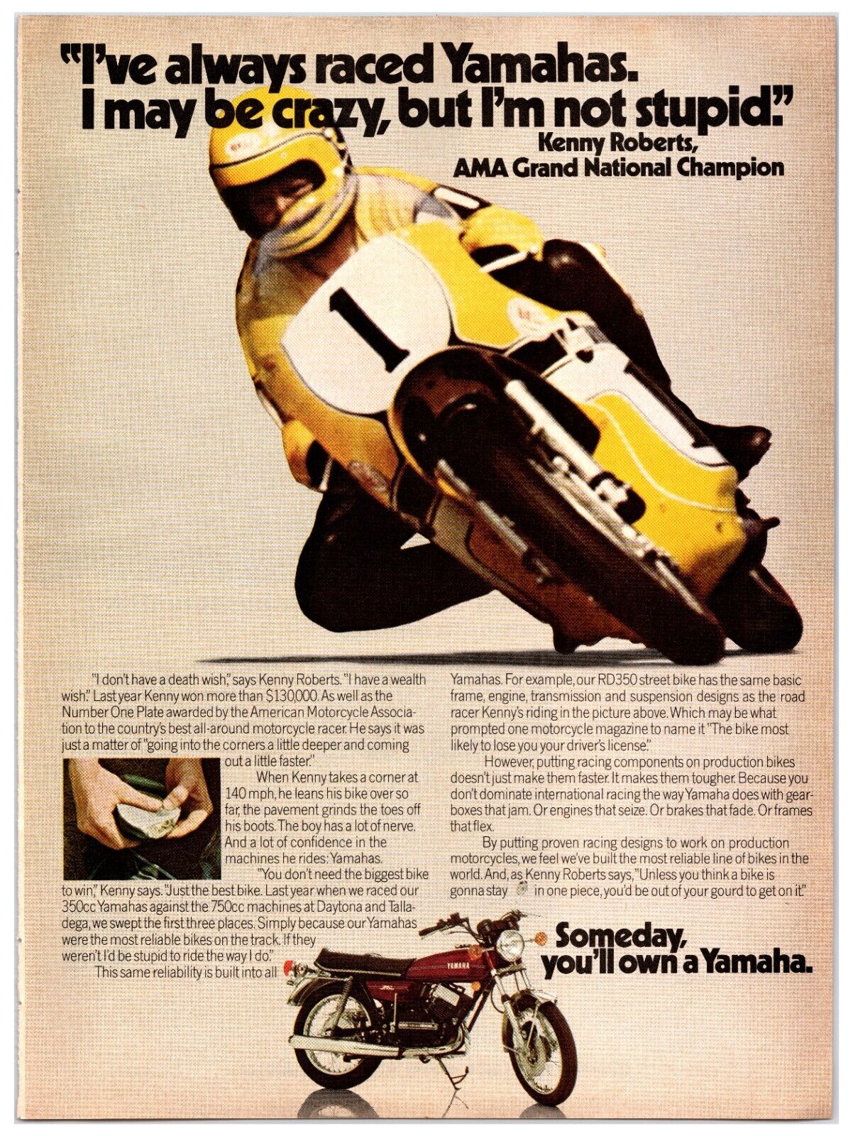 1974 Yamaha Kenny Roberts Motorcycle - Original Print Advertisement (8x11)