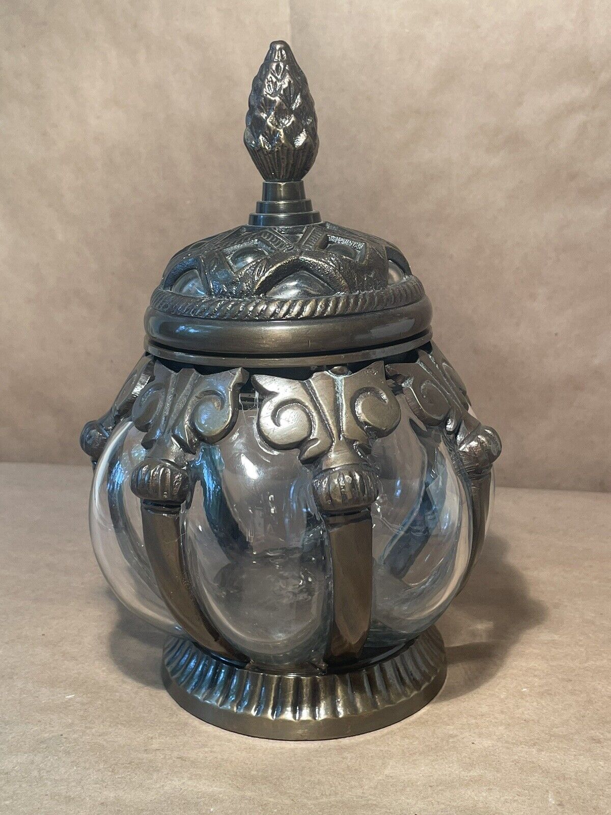 Vintage Silver-Tone Etched Brass Caged Blown Bubble Glass Apothecary Lidded Jar