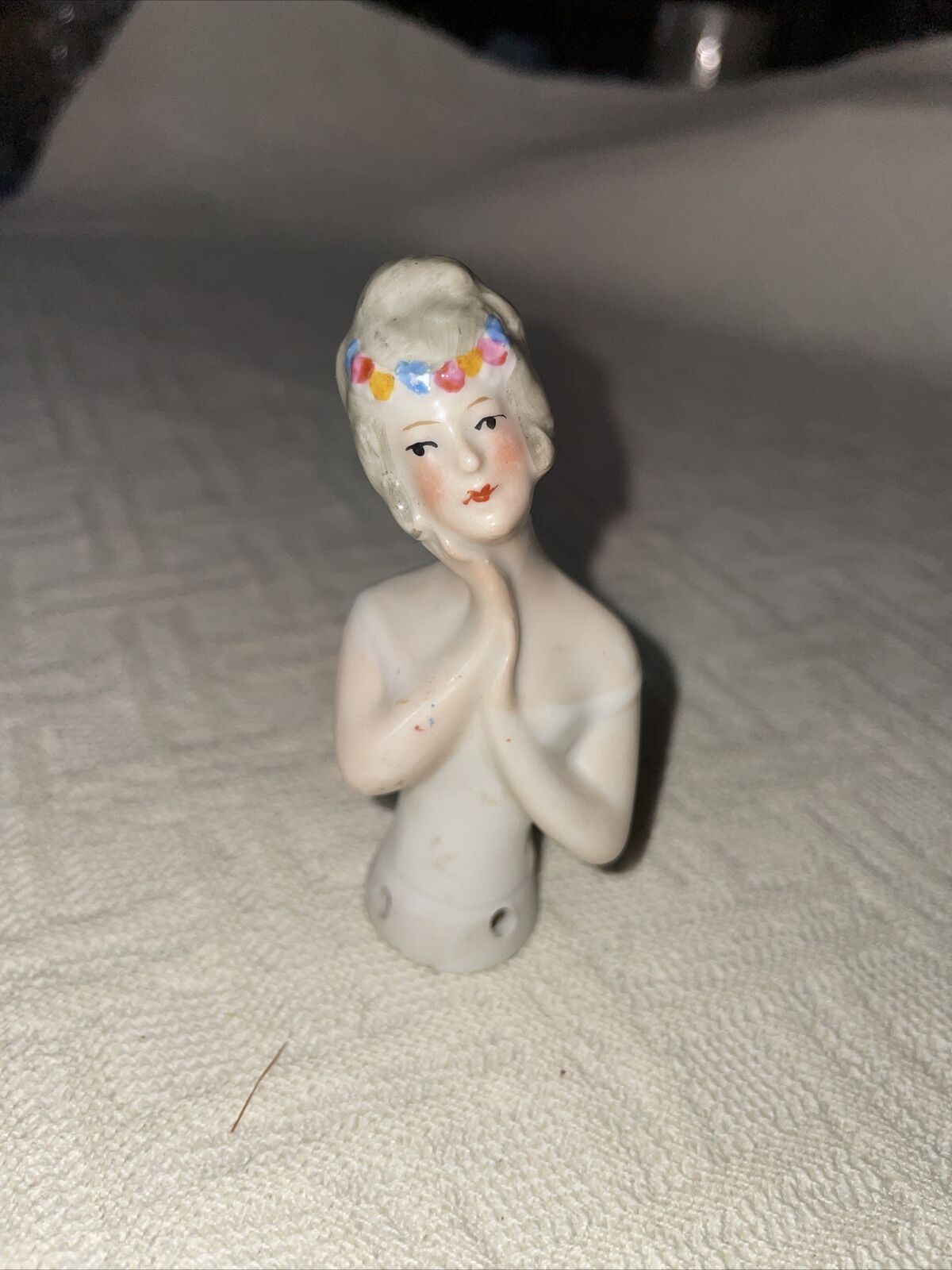 Antique Vintage Porcelain Half Doll w/Flowers - 3” High - Marked Germany - 6087