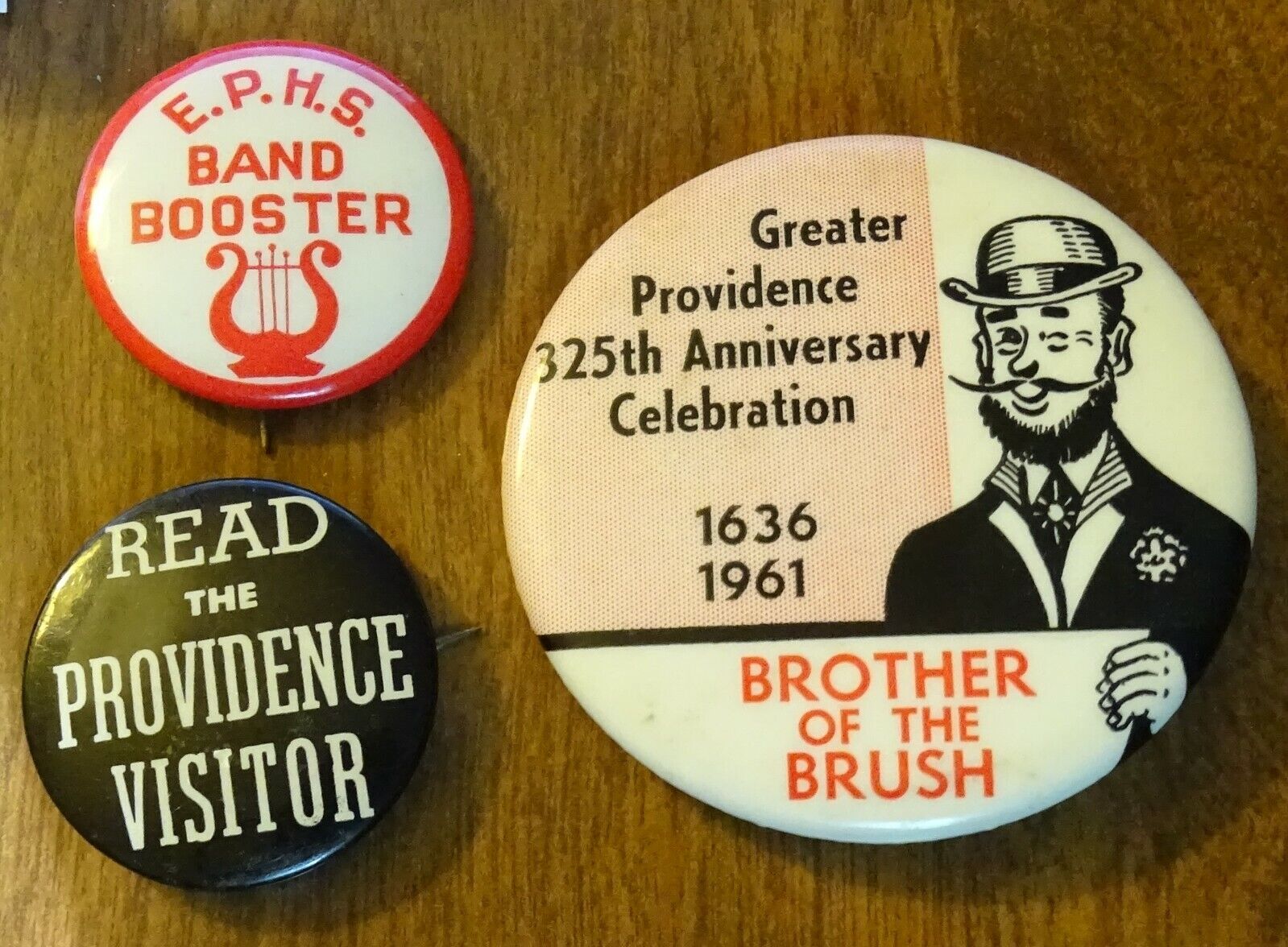 3 old Providence buttons 325th Anniv, E.P.H.S. Band, Read the Prov. Visitor