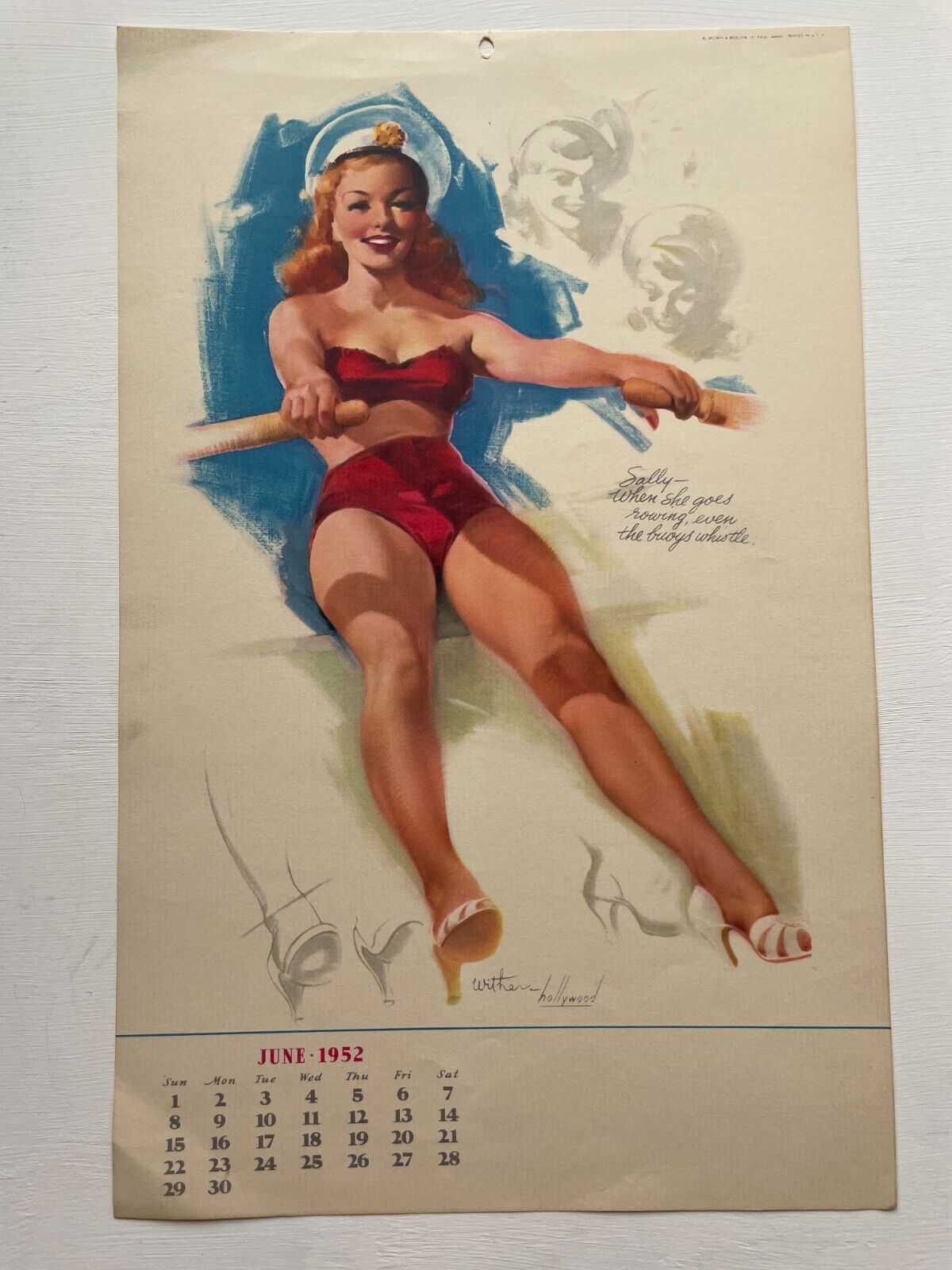 Vintage June 1952 Calendar Page w/ Pinup Girl Rowing A Boat by Withers