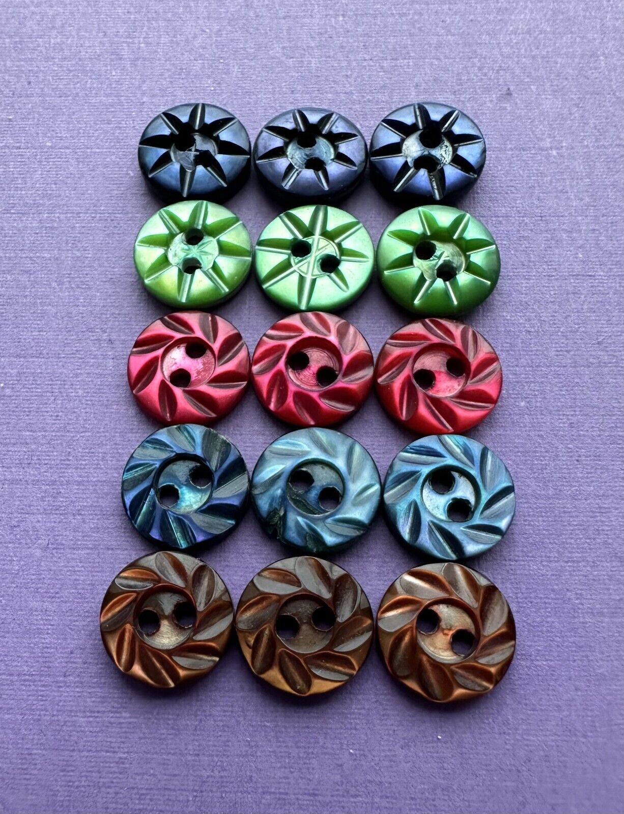 15 Vintage Small Dyed Carved Mother of Pearl Buttons - 5 Gorgeous Colors