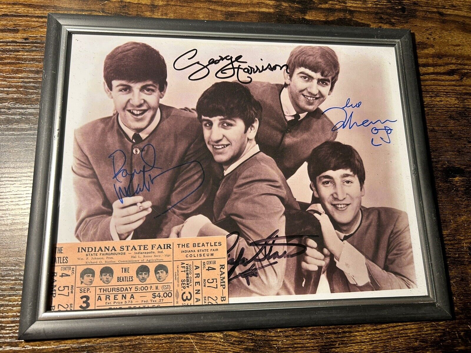 1964 Beatles Signed Framed Reprint  Photo And Reprint Ticket Stub