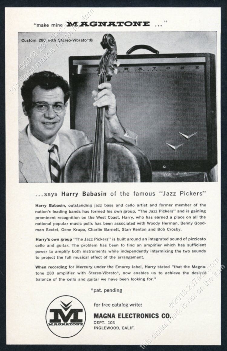 1958 Magnatone Custom 280 stereo vibrato amp Harry Babasin photo vintage ad