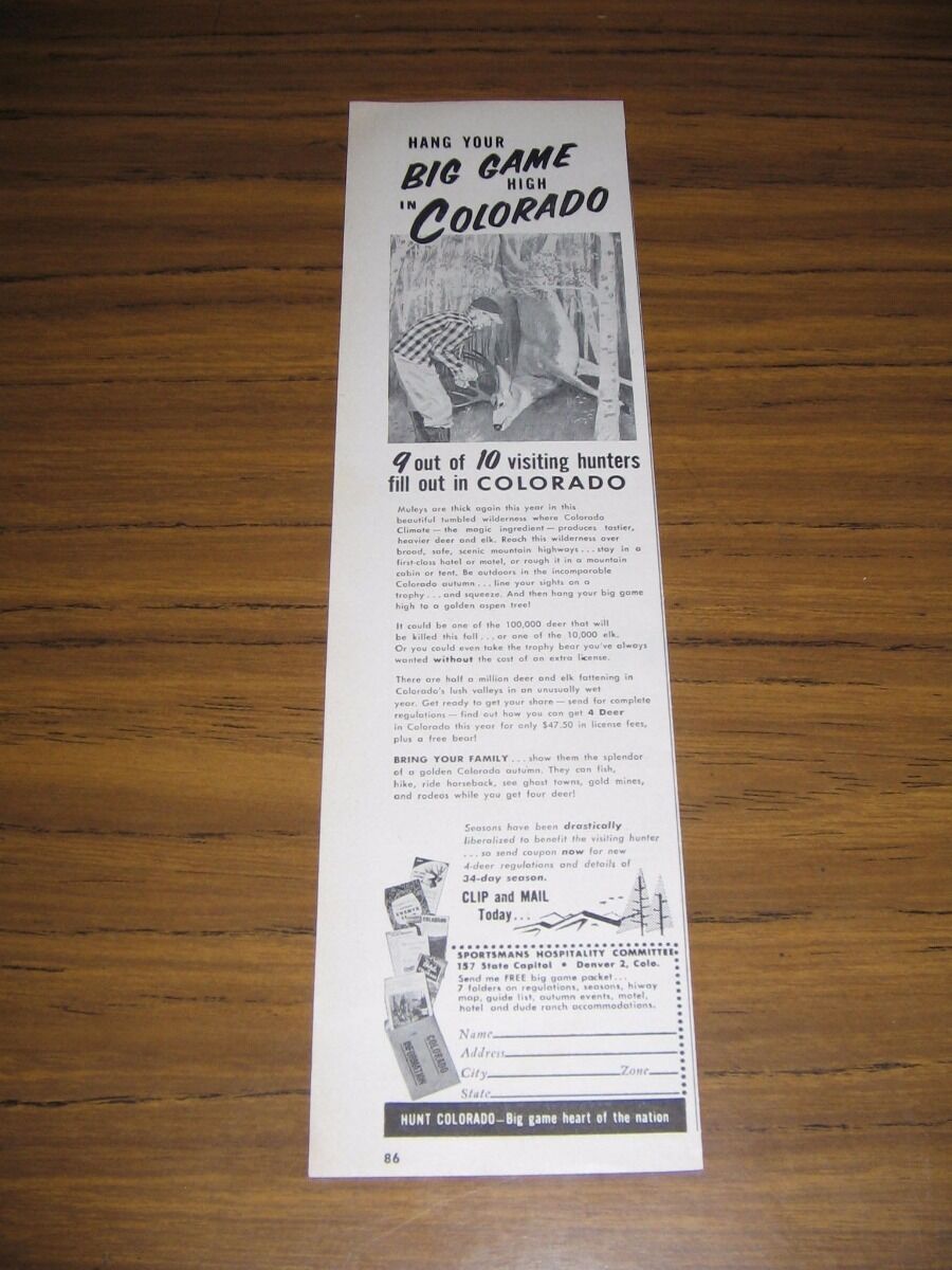 1957 Print Ad Big Game Hunting in Colorado Sportsmans Hospitality