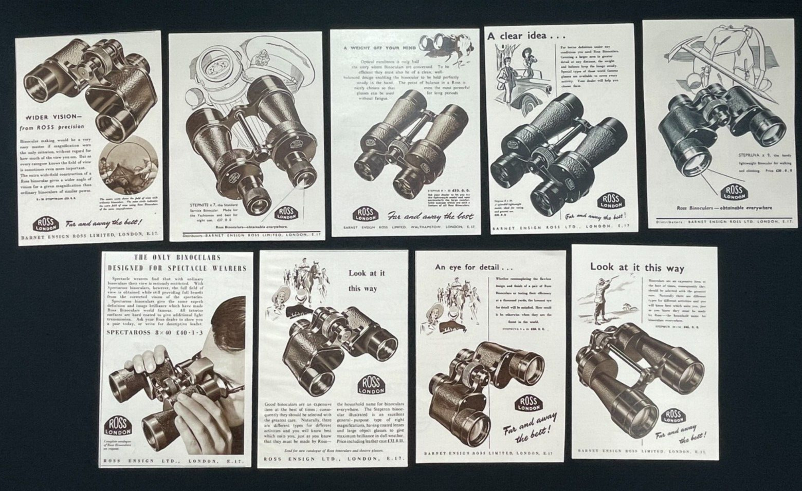 Set of 9 1950s Print Ads, Ross Binoculars, Barnet Ensign Ross Ltd, Field Glasses