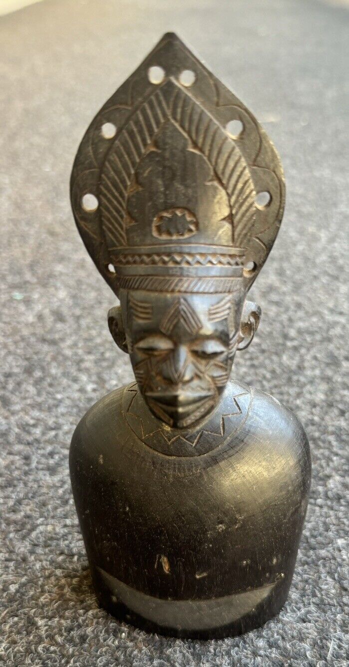 Carved Ebony Wood African Warrior? Bust Figure Headdress Kenya