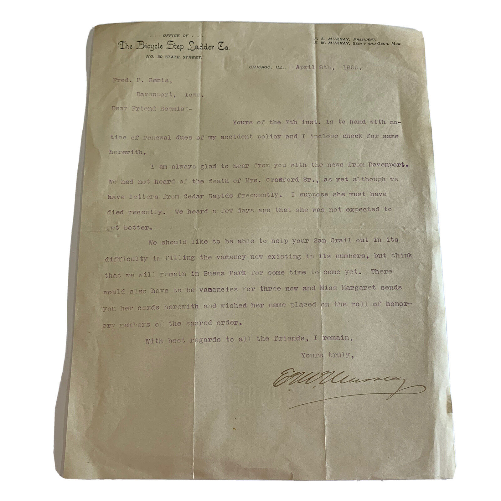 1899 Bicycle Step Ladder Co. Original Letter On Textile Bond Paper Vintage Rare