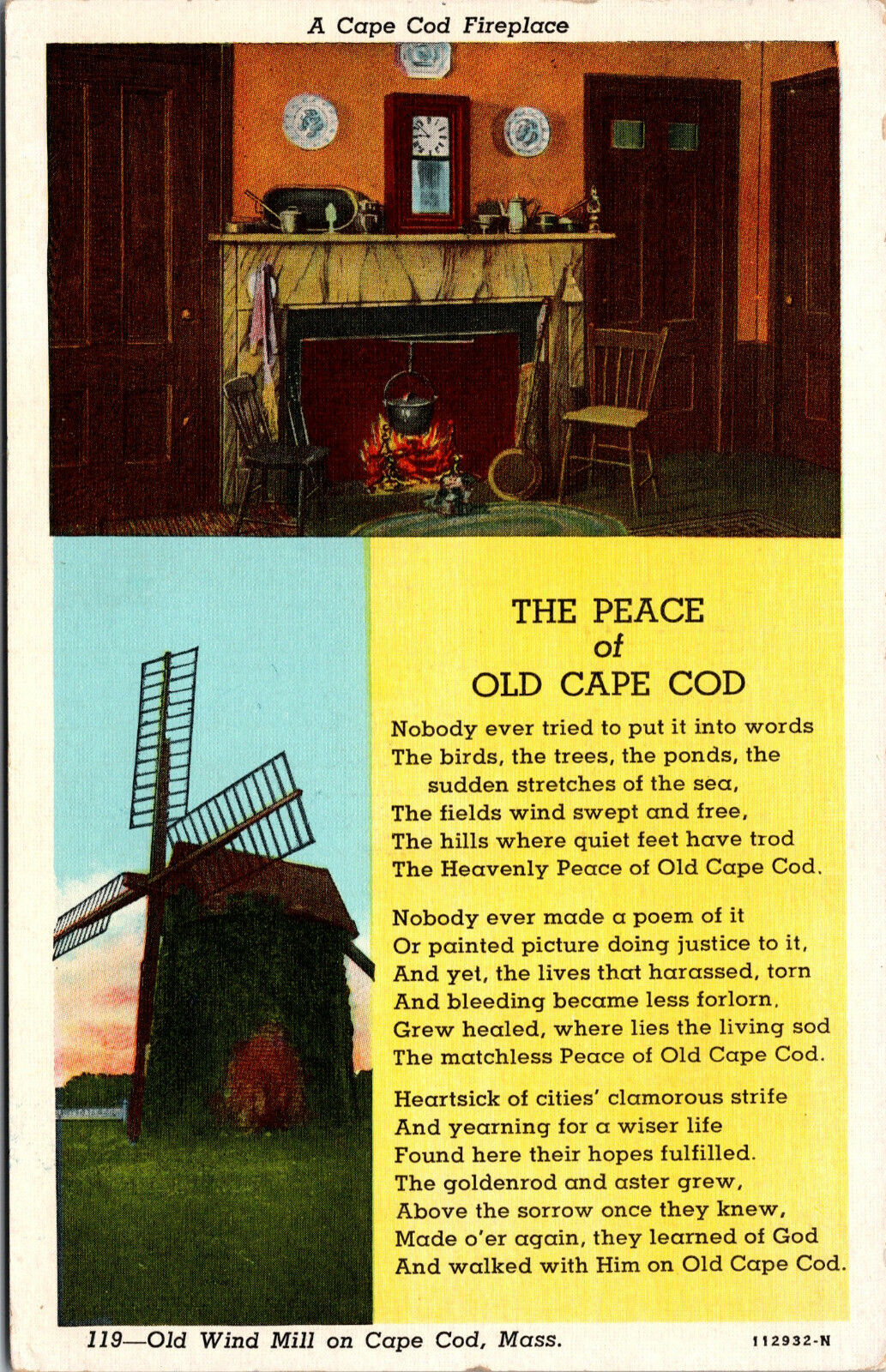 Vtg 1940s Fireplace Old Wind Mill Cape Cod Poem Massachusetts MA Postcard