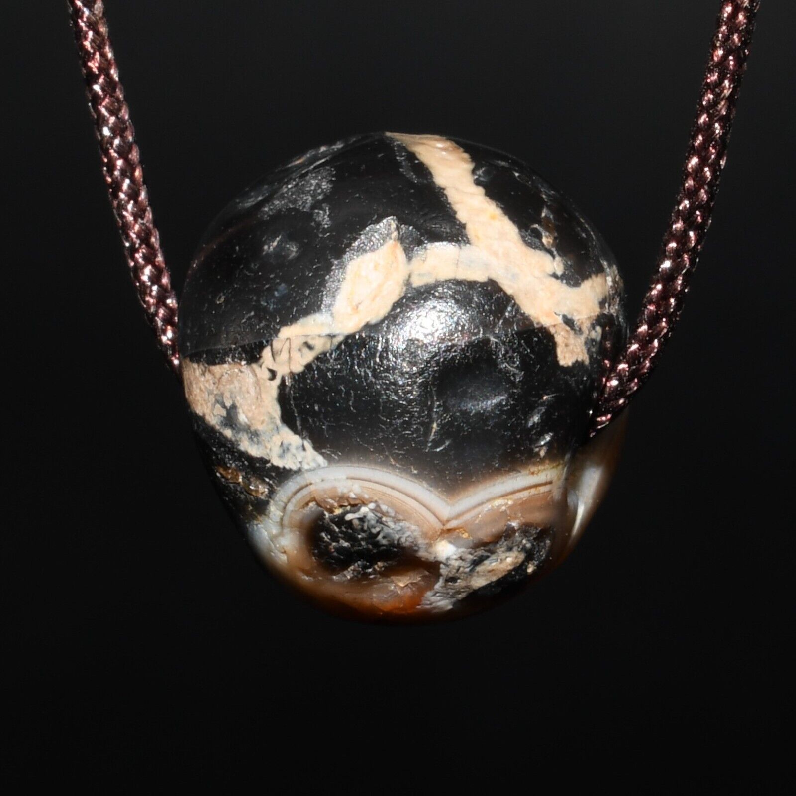 Ancient Central Asian Round Football Etched Agate Dzi Bead over 2000 Years Old