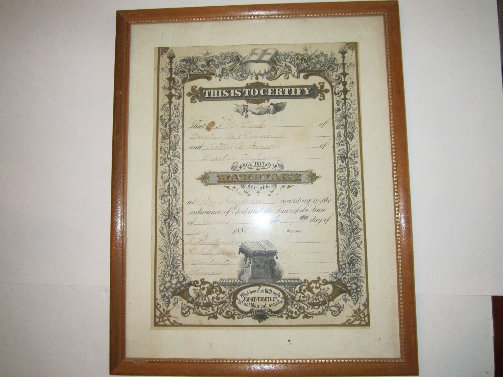 1880\'S KANSAS MARRIAGE CERTIFICATE - AUTHENTIC - FRAMED - 15\
