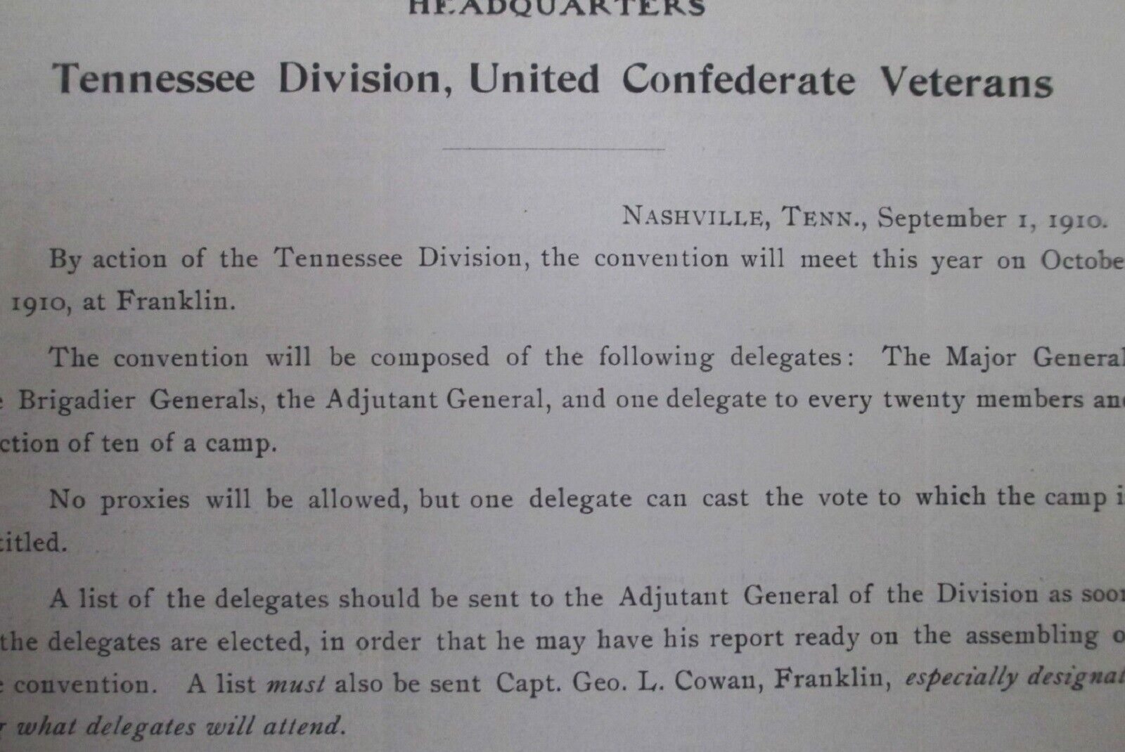 United Confederate Veterans 1910 Tennessee Convention & Railroad Fares Schedule