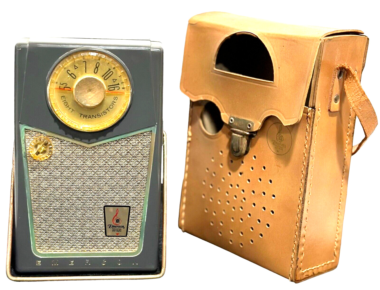 Vintage Emerson Pioneer 888 Nevabreak Pocket Radio Gray & Leather Travel Case