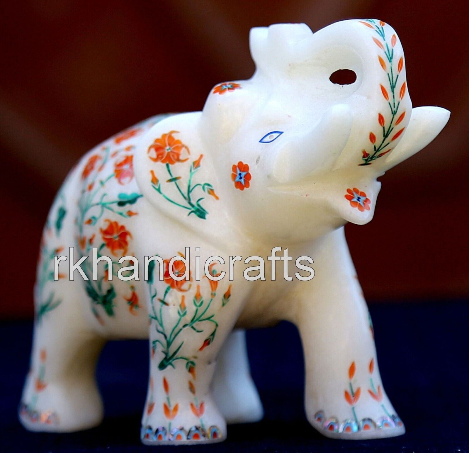 5 Inches Gemstone Inlay Work White Marble Elephant Statue for Living Room Decor