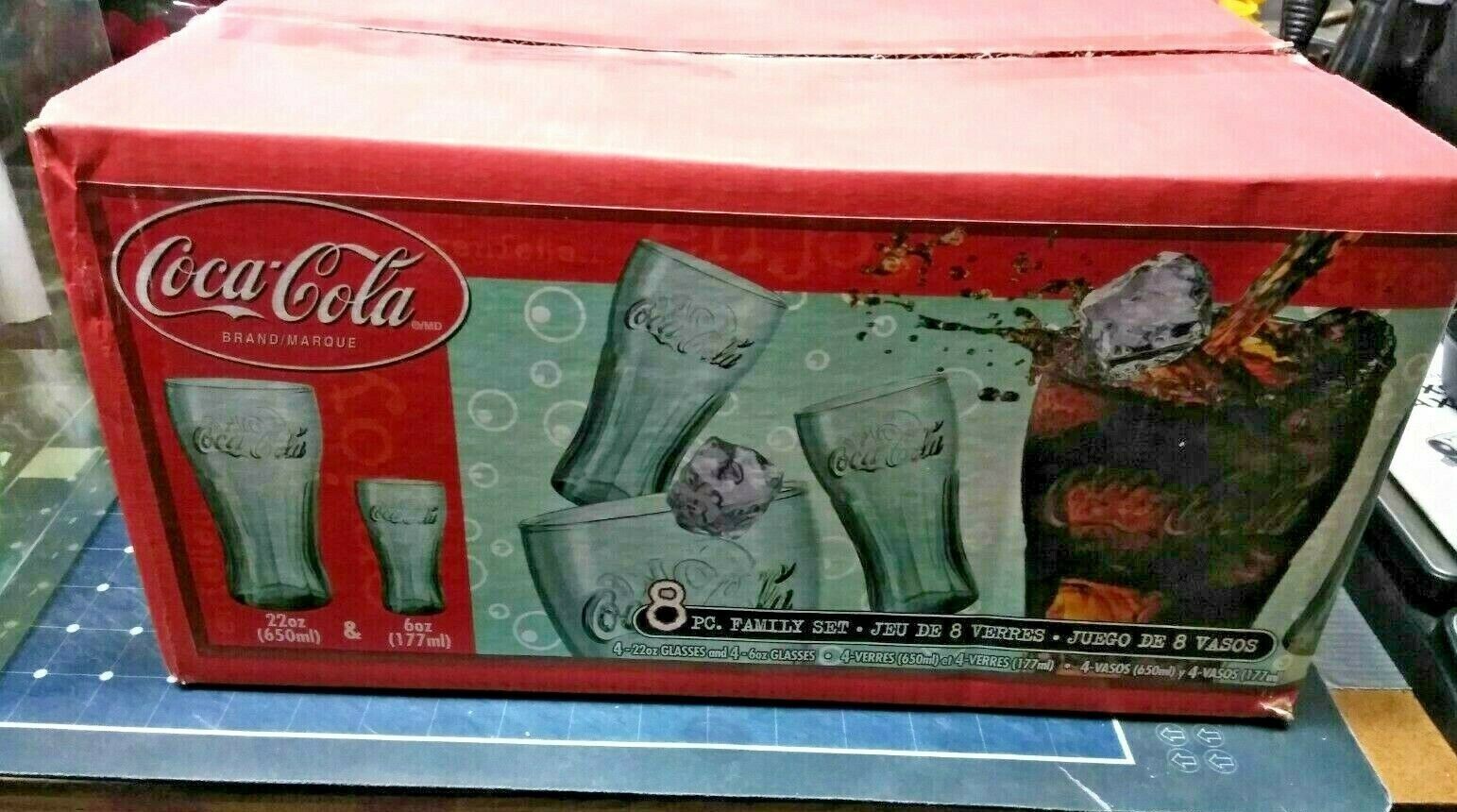 NEW RARE Genuine Coca Cola Green Coke 8 pc Family Set Cups 4 - 22oz and 4 - 6oz
