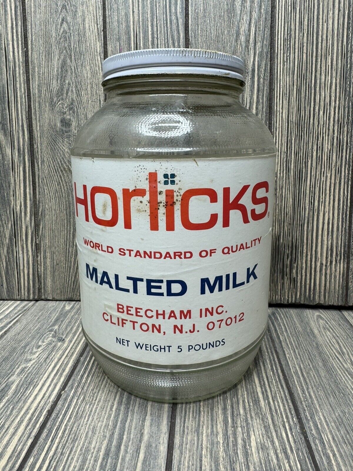 Vtg Horlick's Malted Milk Jar Jug Clear Glass 5 LB  & Original Box Clifton NJ