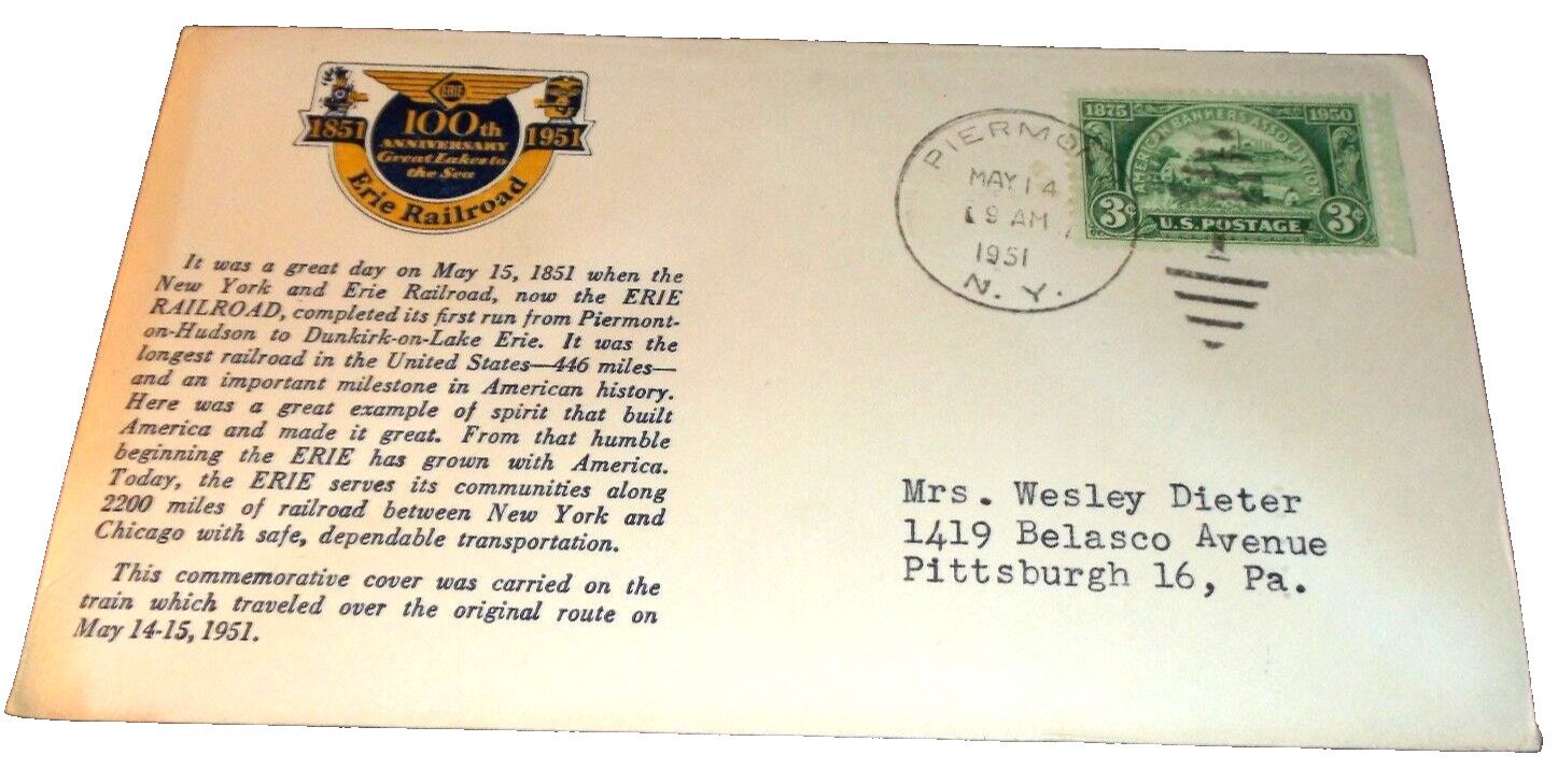 MAY 1951 ERIE RAILROAD 100TH ANNIVERSARY ENVELOPE PIERMONT NEW YORK B