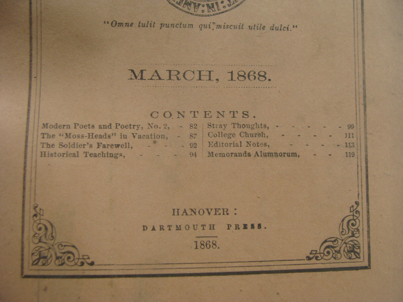original DARTMOUTH COLLEGE -- march 1868 -- THE DARTMOUTH - 40pgs 