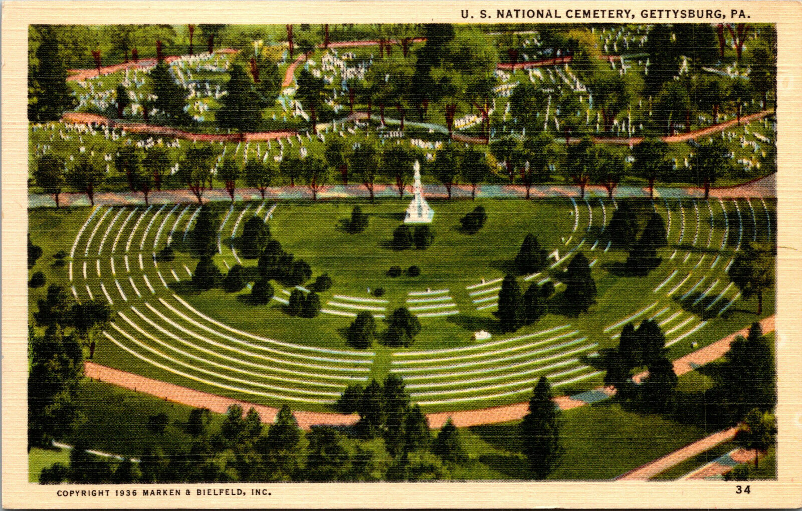 Vtg Gettysburg PA US National Cemetery Aerial View 1930s Linen Postcard
