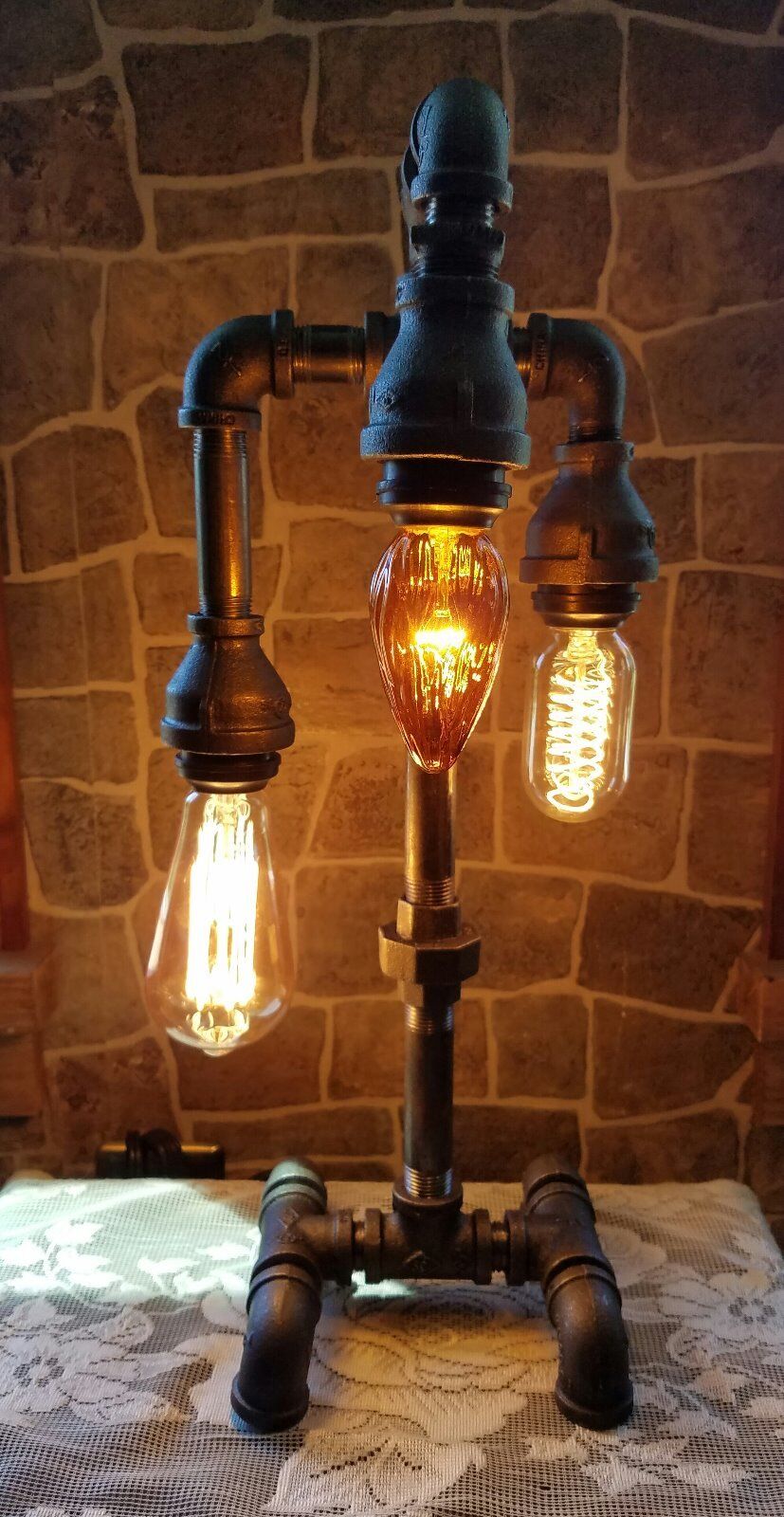  Industrial Pipe Three Tier steampunk style table, desk lamp with bulbs. 