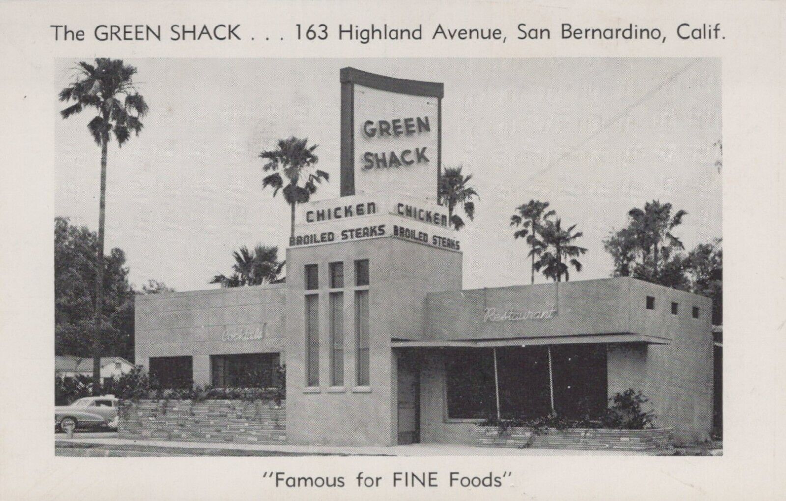 Green Shack San Bernardino CA Chicken Broiled Steaks Restaurant postcard H347